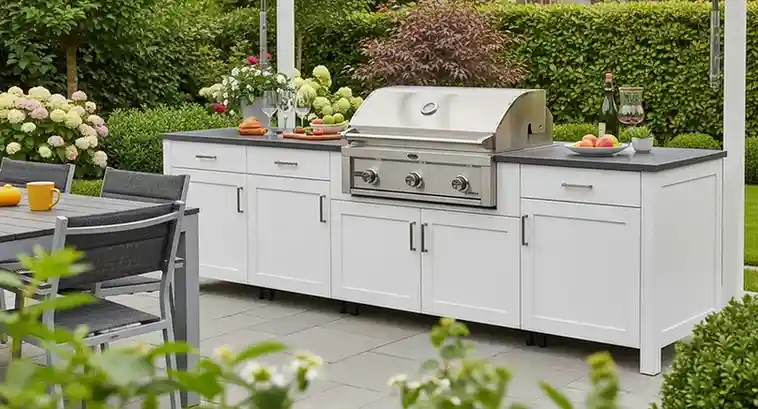 Outdoor kitchen setup showing weather-resistant cabinets with countertop and built-in grill